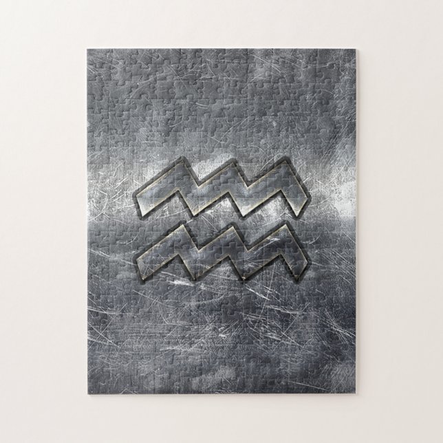 Aquarius Symbol Grunge Distressed Silver Steel Jigsaw Puzzle (Vertical)
