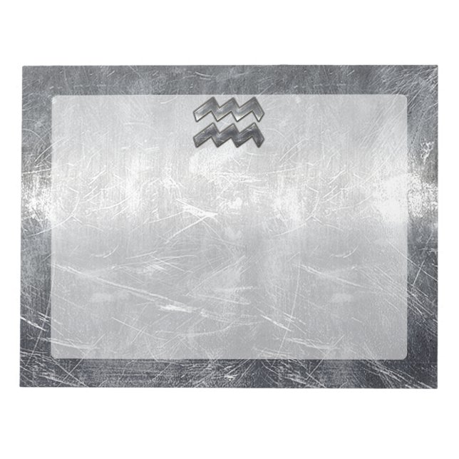 Aquarius Symbol Grunge Distressed Silver Steel Notepad (Front)