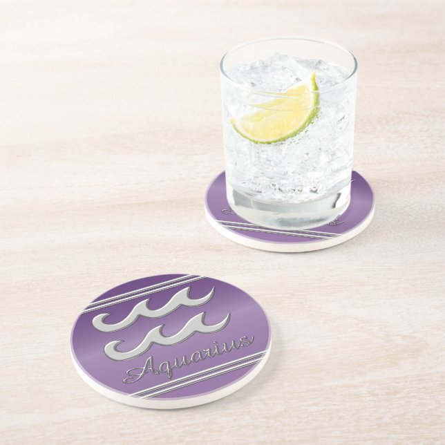 Aquarius Symbol in Chrome on Amethyst Effect Coaster (Side)