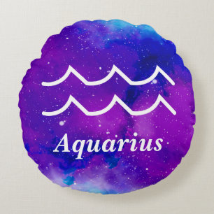 Aquarius Symbol Purple Blue Space Nebula Round Cushion