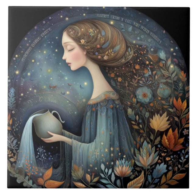 Aquarius Water Bearer Zodiac Astrology Birthday Ceramic Tile (Front)