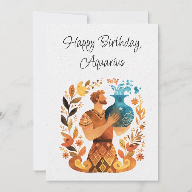 Aquarius Water Bearer Zodiac Boho Floral Flat Card (Front)