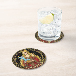 Aquarius Water Bearer Zodiac Female Symbol Round Paper Coaster