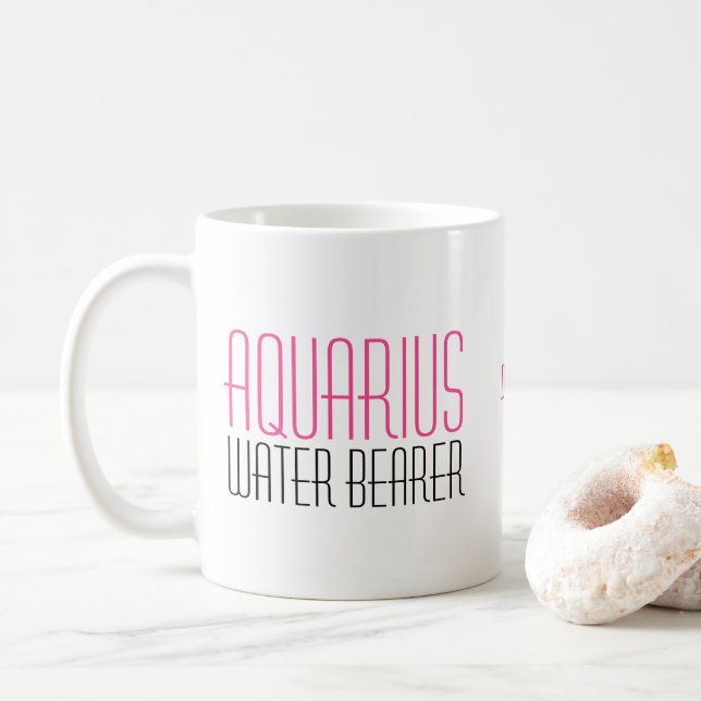 Aquarius Water Bearer Zodiac Text Name Pink Black Coffee Mug (With Donut)