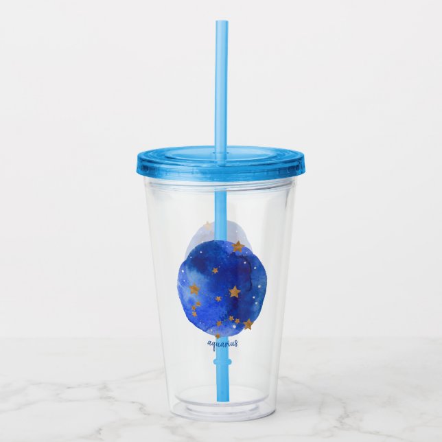 Aquarius Watercolor Night Sky Constellation Zodiac Acrylic Tumbler (Front)