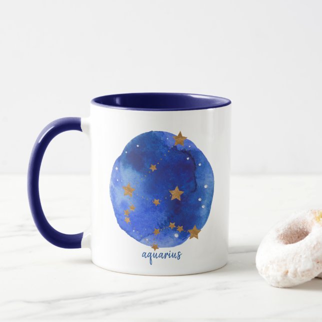 aquarius Watercolor Night Sky Constellation Zodiac Mug (With Donut)