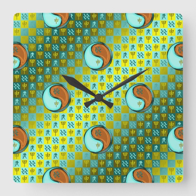 Aquarius & Wood Monkey Square Wall Clock (Front)