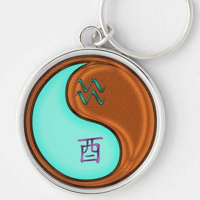 Aquarius & Wood Rooster Key Ring (Front)