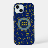Aquarius Zodiac+Astrology Symbols Ptn Gold+Blues