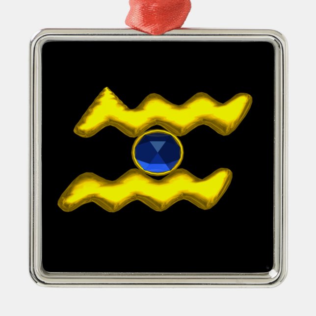 AQUARIUS ZODIAC BIRTHDAY JEWEL Blue Sapphire Gold Metal Ornament (Front)