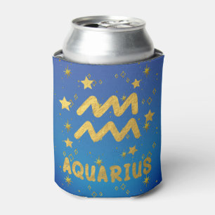 Aquarius Zodiac Blue and Gold Can Cooler