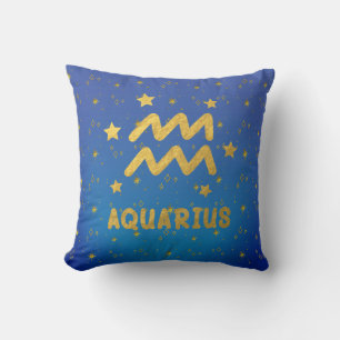 Aquarius Zodiac Blue and Gold Throw Pillow