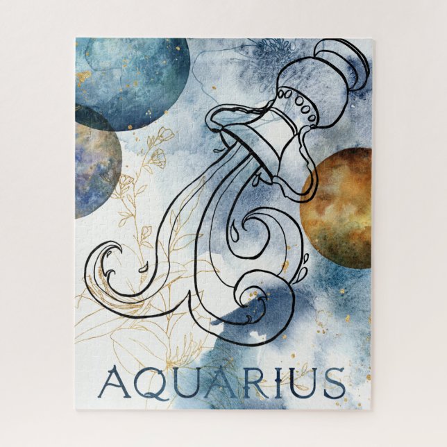 Aquarius zodiac blue black gold flowers planets  jigsaw puzzle (Vertical)