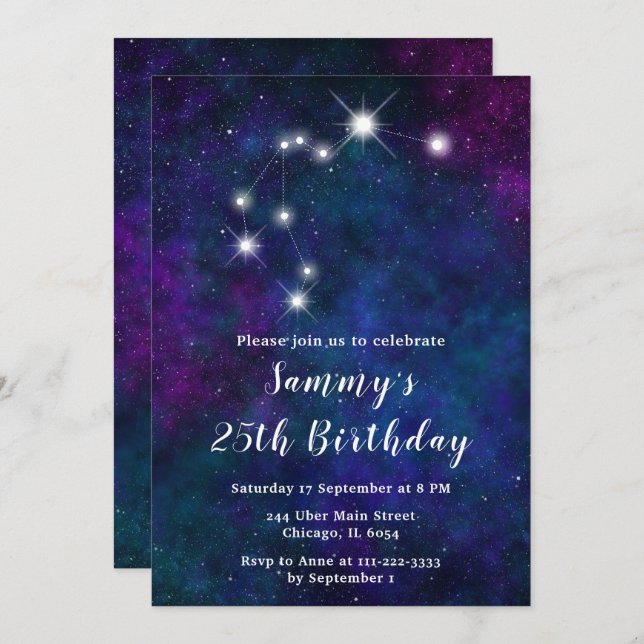 Aquarius Zodiac Constellation Birthday Party Invitation (Front/Back)