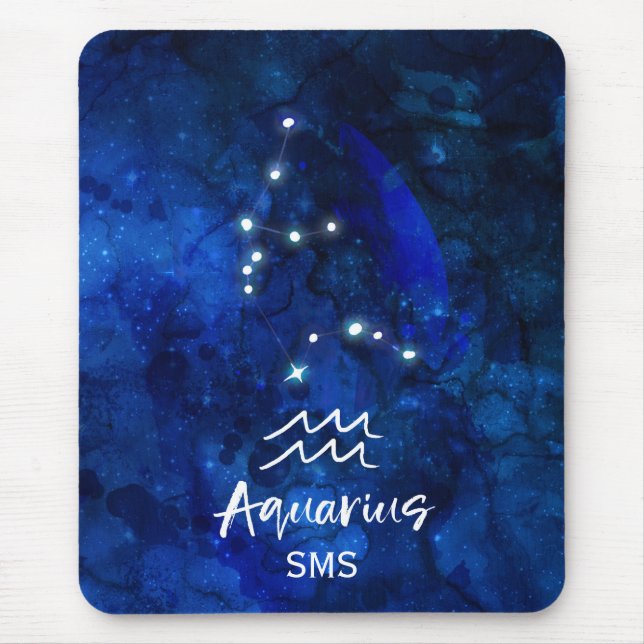 Aquarius Zodiac Constellation Blue Galaxy Monogram Mouse Pad (Front)