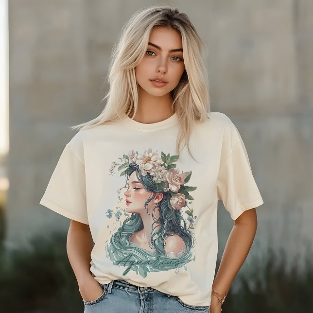 Aquarius Zodiac, Floral Woman, Botanical Lovers T-Shirt (Creator Uploaded)