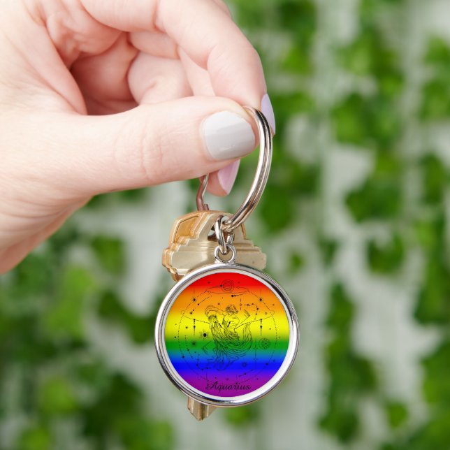 Aquarius Zodiac LGBTQ Pride Rainbow Design Key Ring (Hand)