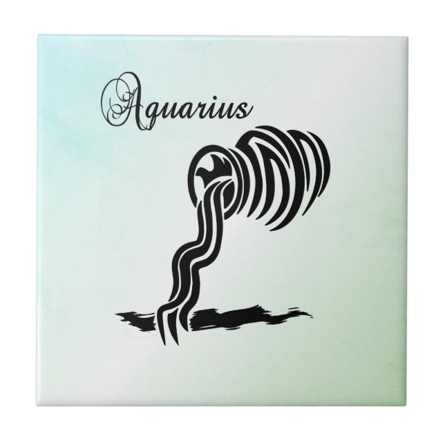 Aquarius Zodiac Sign and Symbol Blue Green Ceramic Tile (Front)