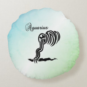 Aquarius Zodiac Sign and Symbol Blue Green Round Cushion