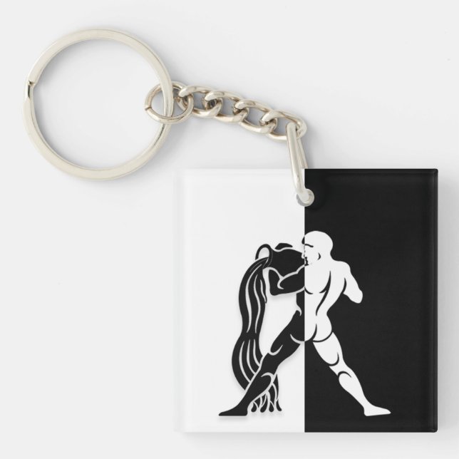 Aquarius Zodiac Sign, Black & White Keychain (Front)