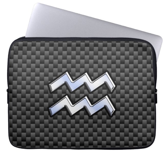 Aquarius Zodiac Sign Carbon Fibre Style Laptop Sleeve (Front)