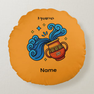 Aquarius Zodiac Sign Cartoon Illustration Round Cushion