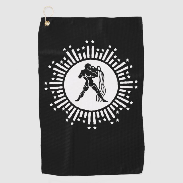 Aquarius Zodiac Sign Cosmic Starburst Design Golf Towel (Front)