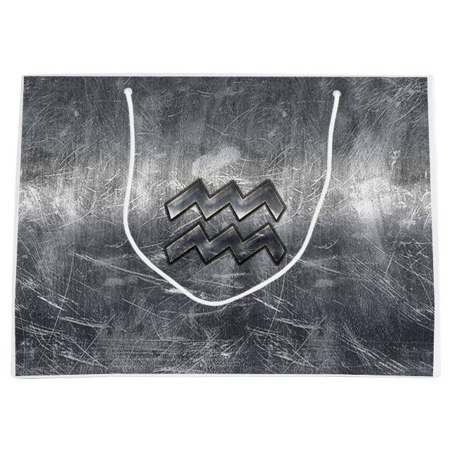 Aquarius Zodiac Sign Distressed Silver Steel Large Gift Bag (Front)