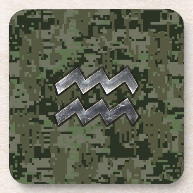 Aquarius Zodiac Sign Green Digital Camouflage Coaster (Front)