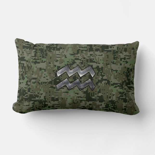 Aquarius Zodiac Sign Green Digital Camouflage Lumbar Cushion (Front)
