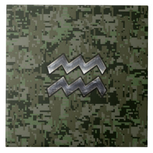 Aquarius Zodiac Sign Green Digital Camouflage Tile
