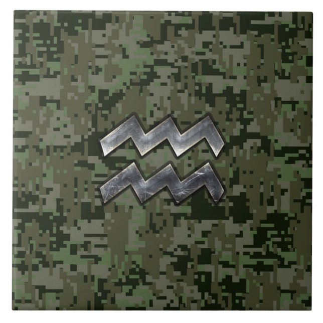 Aquarius Zodiac Sign Green Digital Camouflage Tile (Front)