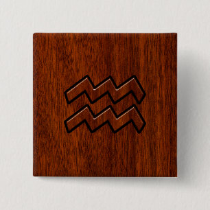 Aquarius Zodiac Sign Mahogany Wood Style 15 Cm Square Badge
