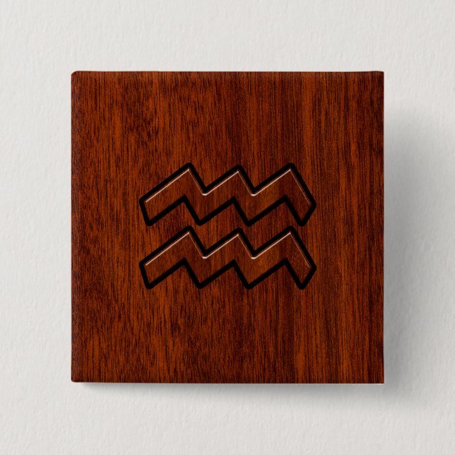 Aquarius Zodiac Sign Mahogany Wood Style 15 Cm Square Badge (Front)