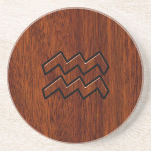 Aquarius Zodiac Sign Mahogany Wood Style Coaster