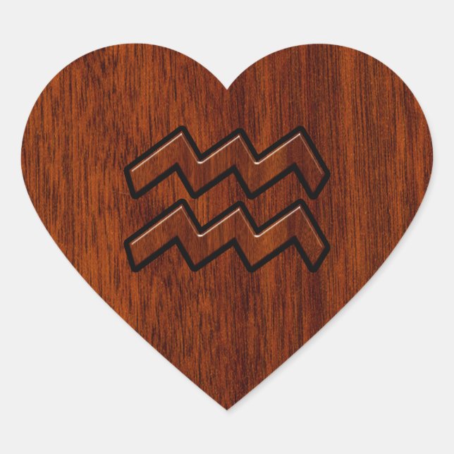 Aquarius Zodiac Sign Mahogany Wood Style Heart Sticker (Front)