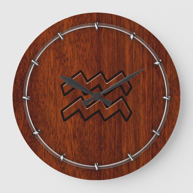 Aquarius Zodiac Sign Mahogany Wood Style Large Clock (Front)