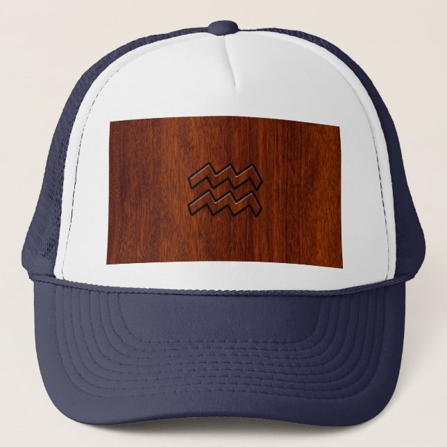 Aquarius Zodiac Sign Mahogany Wood Style Trucker Hat (Front)