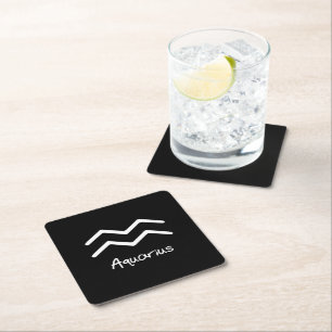 Aquarius Zodiac Sign on Black Background Square Paper Coaster