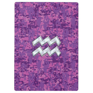 Aquarius Zodiac Sign on fuchsia digital camouflage Clipboard