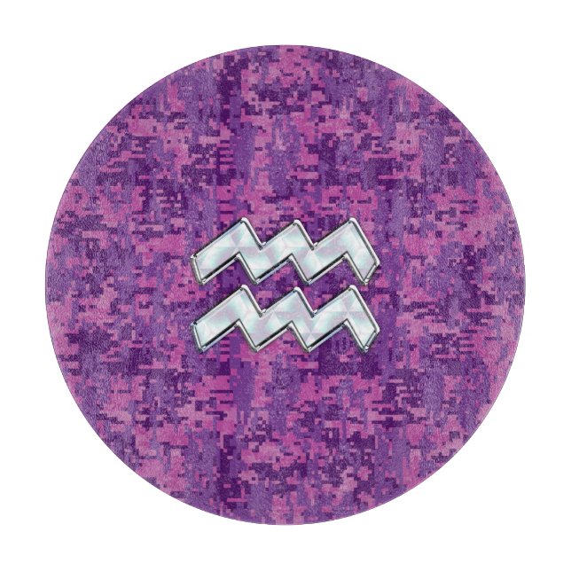 Aquarius Zodiac Sign on fuchsia digital camouflage Cutting Board (Front)
