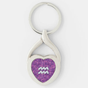 Aquarius Zodiac Sign on fuchsia digital camouflage Key Ring