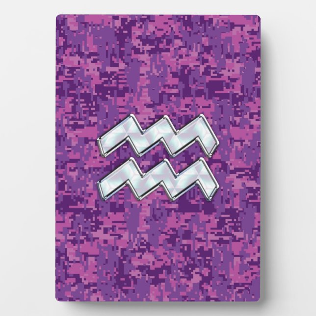Aquarius Zodiac Sign on fuchsia digital camouflage Plaque (Front)