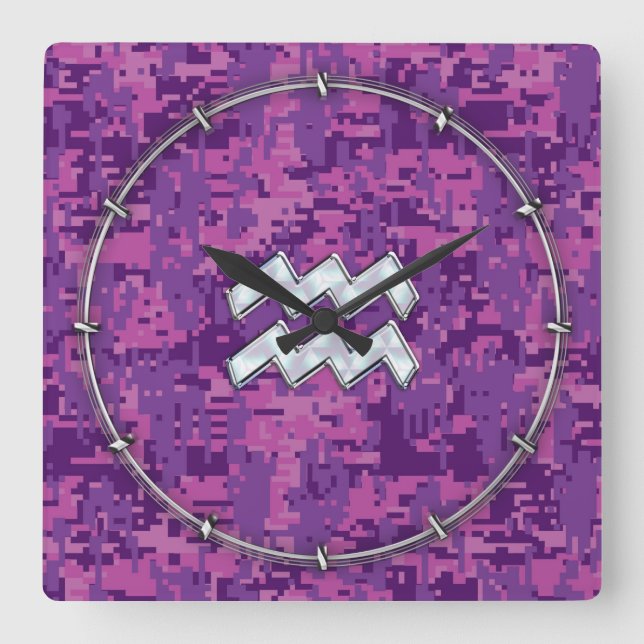 Aquarius Zodiac Sign on Pink Digital Camouflage Square Wall Clock (Front)