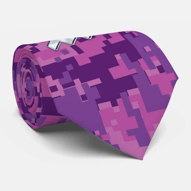 Aquarius Zodiac Sign on Pink Digital Camouflage Tie (Rolled)