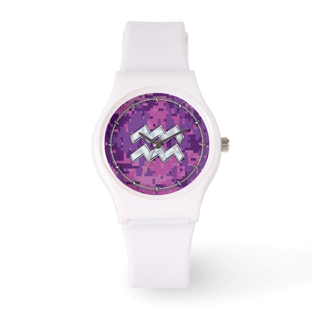 Aquarius Zodiac Sign on Pink Digital Camouflage Watch (Front)