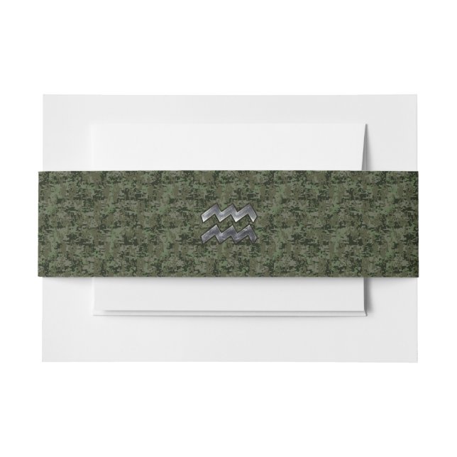 Aquarius Zodiac Sign on Woodland Digital Camo Invitation Belly Band (Front Example)
