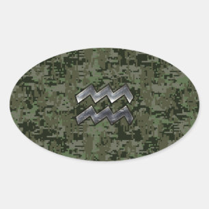 Aquarius Zodiac Sign on Woodland Digital Camo Oval Sticker