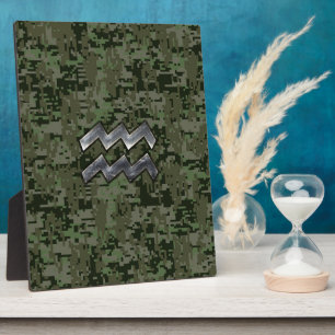 Aquarius Zodiac Sign on Woodland Digital Camo Plaque