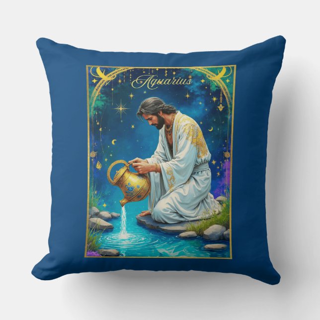 Aquarius Zodiac Sign Under a Starry Sky Cushion (Front)